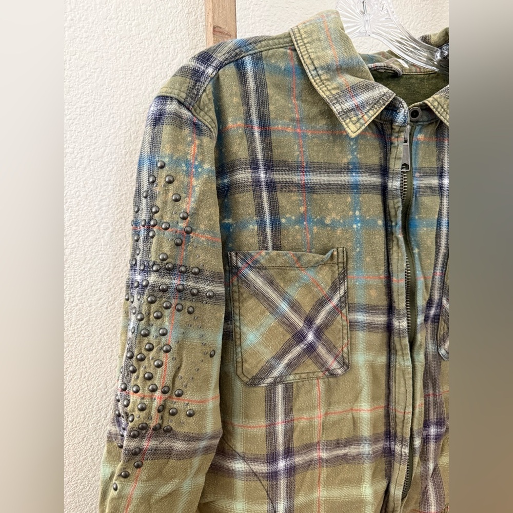 Free People Green and Blue Distressed Flannel Shacket - Picture 4 of 9